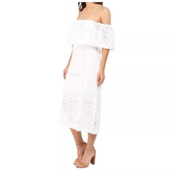 Free People Off Shoulder Dress Medium Ivory Cottagecore Prairie Indie Midi Eyele - Picture 4 of 15